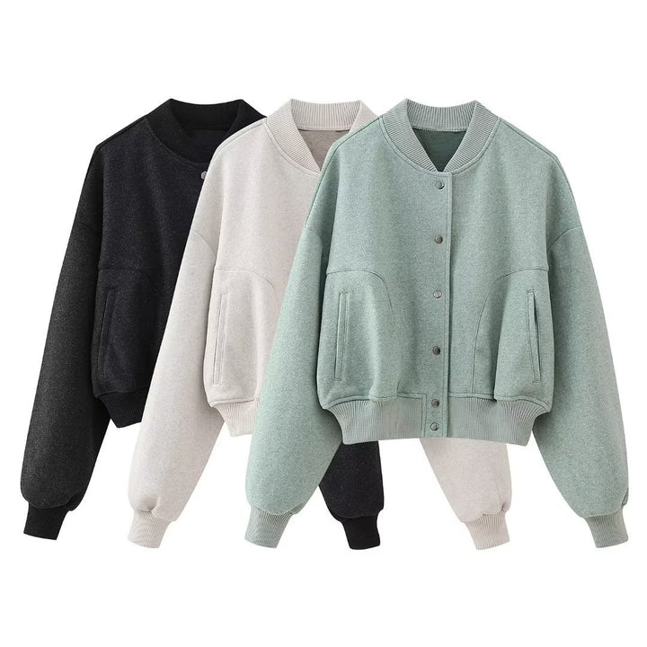 Damen nan kastiges Cropped Blouson aus Sweat mit Raglanärmeln, verdeckter Druckknopfleiste und breitem Rippbund Drune