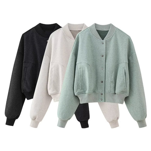 Damen nan kastiges Cropped Blouson aus Sweat mit Raglanärmeln, verdeckter Druckknopfleiste und breitem Rippbund Drune