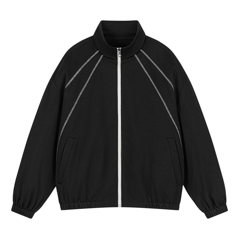 Unisex Oversize-Struktur-Trackjacke mit Stehkragen, Reißverschluss & Flatlock‑Details Drune
