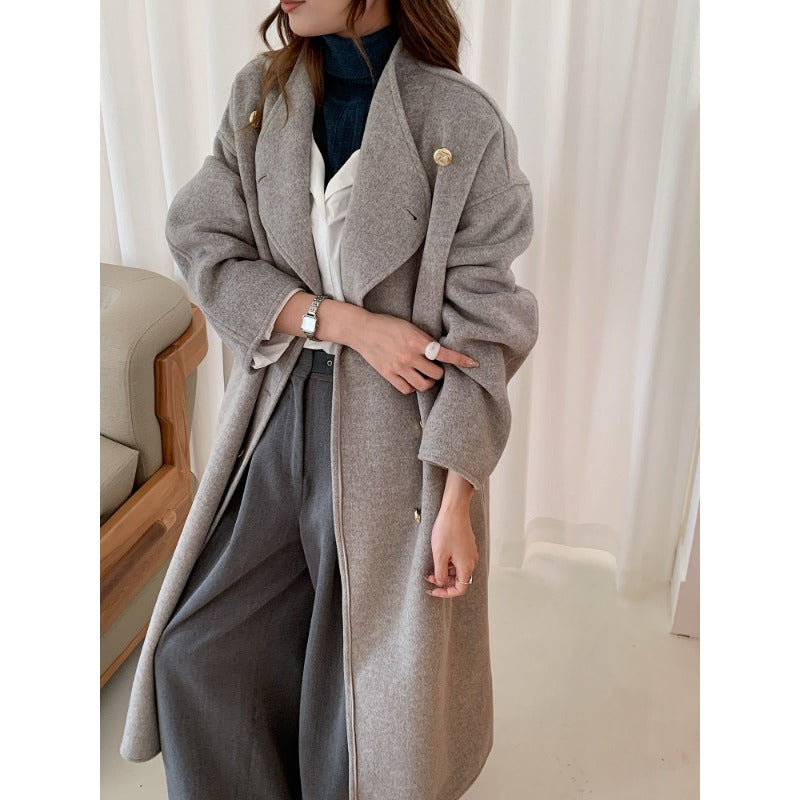Damen Oversize Wollmix-Mantel mit doppelreihiger Knopfleiste, Stehkragen und überschnittener Schulter Drune