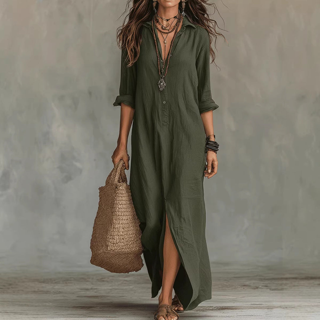 Damen Langes Hemdkleid mit Knopfverschluss und seitlichem Schlitz Drune