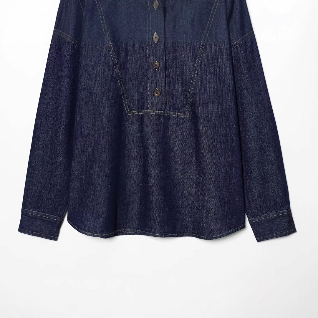 Damen Oversize-Denim-Tunika mit halber Knopfleiste und markanten Nahtdetails Drune