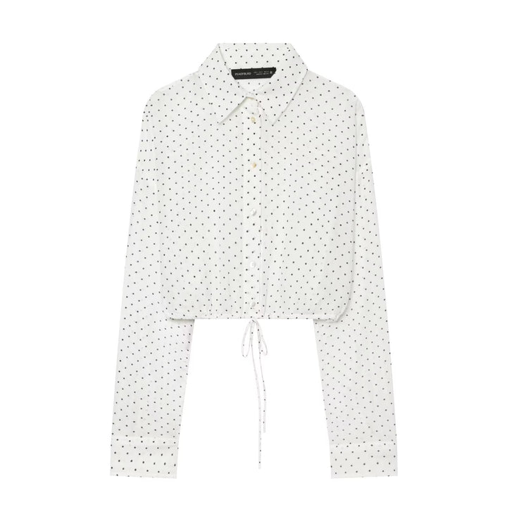 Damen Gepunktete Cropped-Bluse mit Kordelzug und Hemdkragen Drune