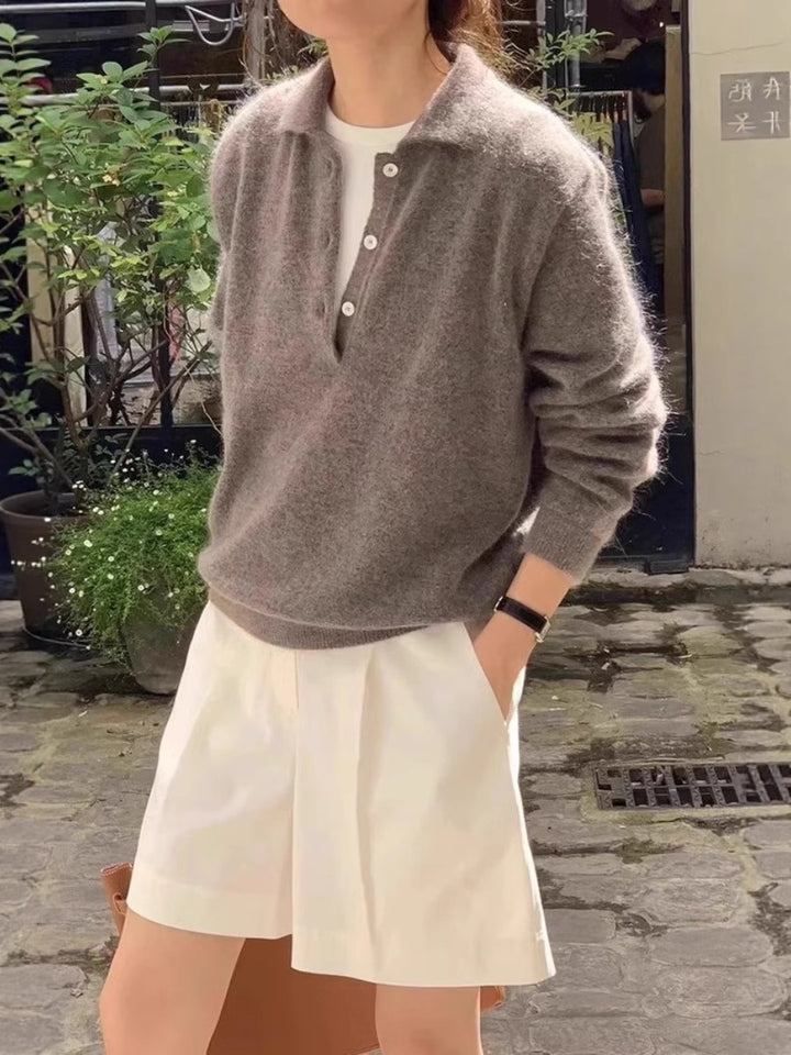 Damen Weicher Kapuzenpullover im Mohair‑Look mit tiefem V‑Ausschnitt und halber Knopfleiste Drune