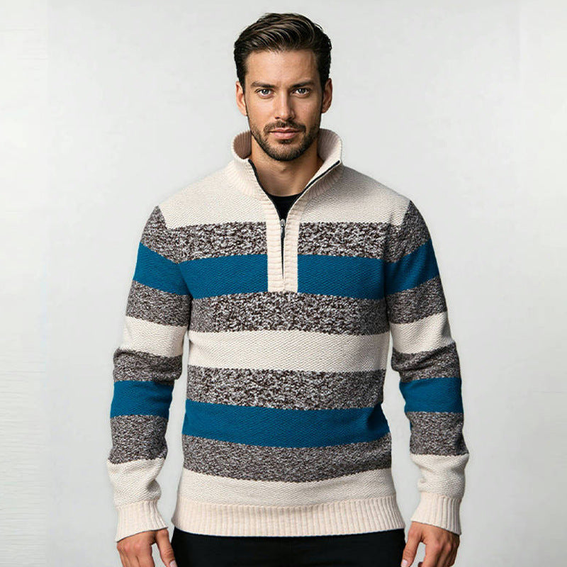 Herren modernes Strickpullover mit halbem Reißverschluss und Blockstreifen Drune