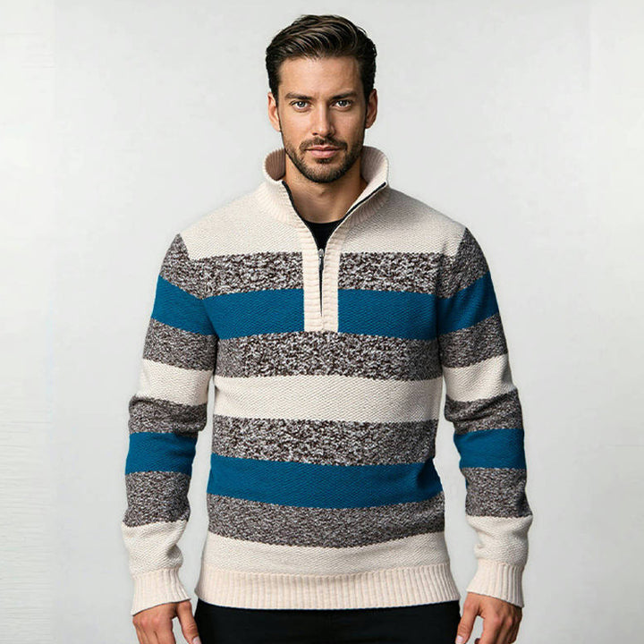 Herren modernes Strickpullover mit halbem Reißverschluss und Blockstreifen Drune