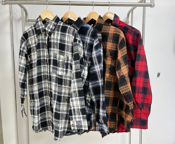 Damen Karierte Flanell-Hemdjacke mit lässigem Schnitt und Holzknopf-Details Drune