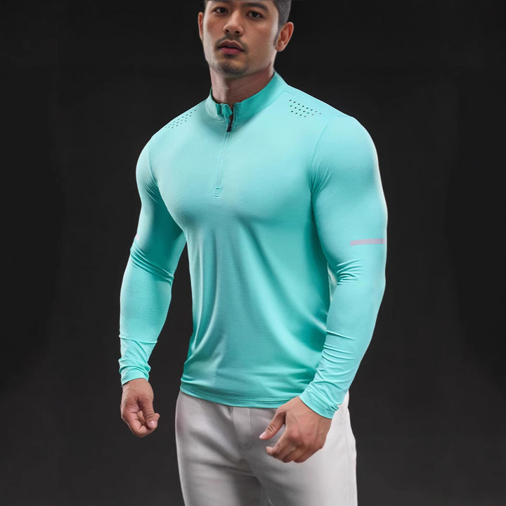 Herren Atmungsaktives Longsleeve Trainingsshirt mit Stehkragen und Kurz-Reißverschluss Drune