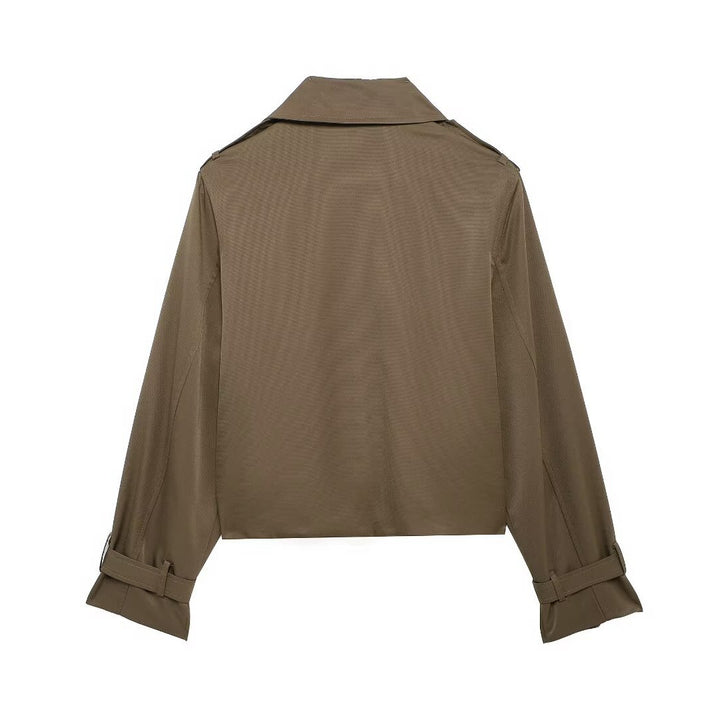 Damen nan kurzer Cropped Trenchcoat im Boxy‑Schnitt mit doppelreihiger Knopfleiste Schulterklappen und verstellbaren Ärmelriemen Drune
