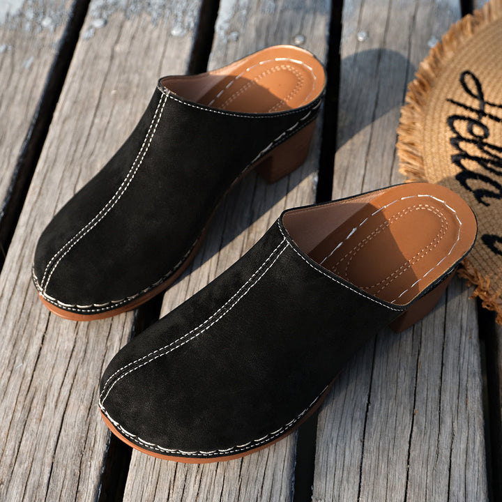 Damen bequeme Clogs aus hochwertigem Wildleder mit elegantem Blockabsatz Drune