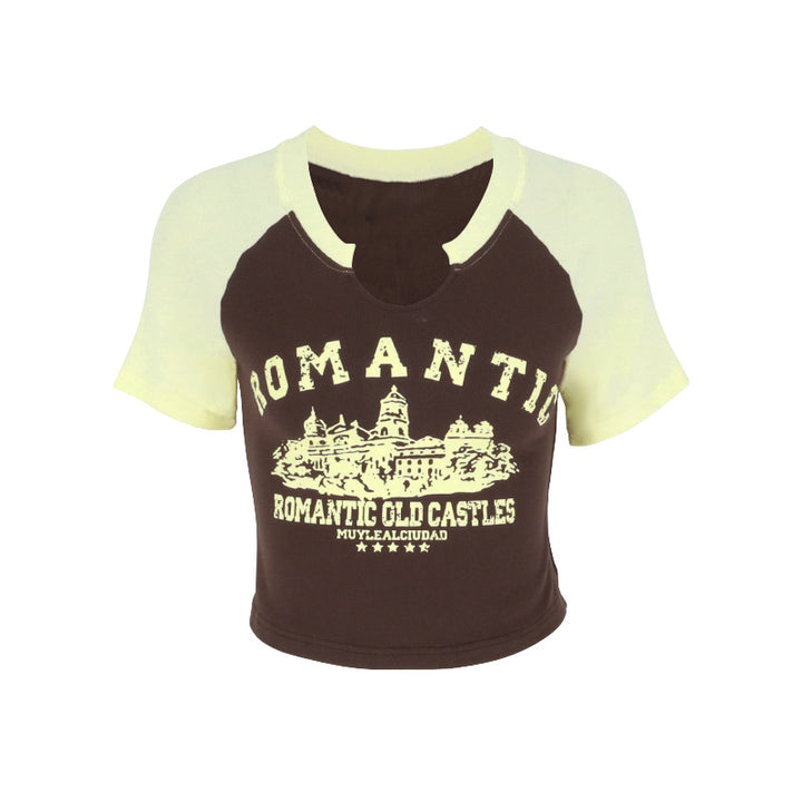 Damen cropped T-Shirt mit einzigartigem Ausschnitt und fröhlichem Grafikdesign Drune
