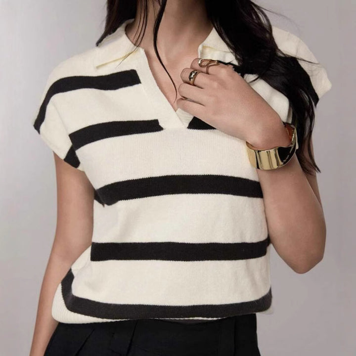 Damen Gestreiftes Kurzarm-Stricktop mit V-Kragen und überschnittener Schulter Drune