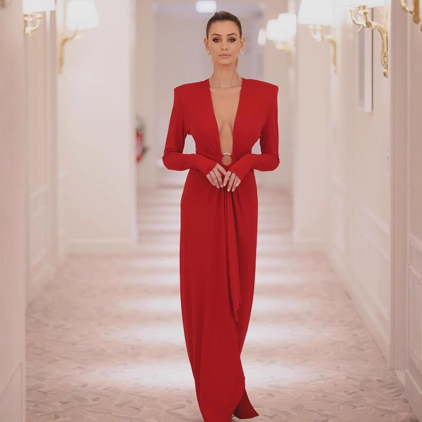 Damen Elegantes Abendkleid mit tiefem V-Ausschnitt und gefalteten Ärmeln Drune