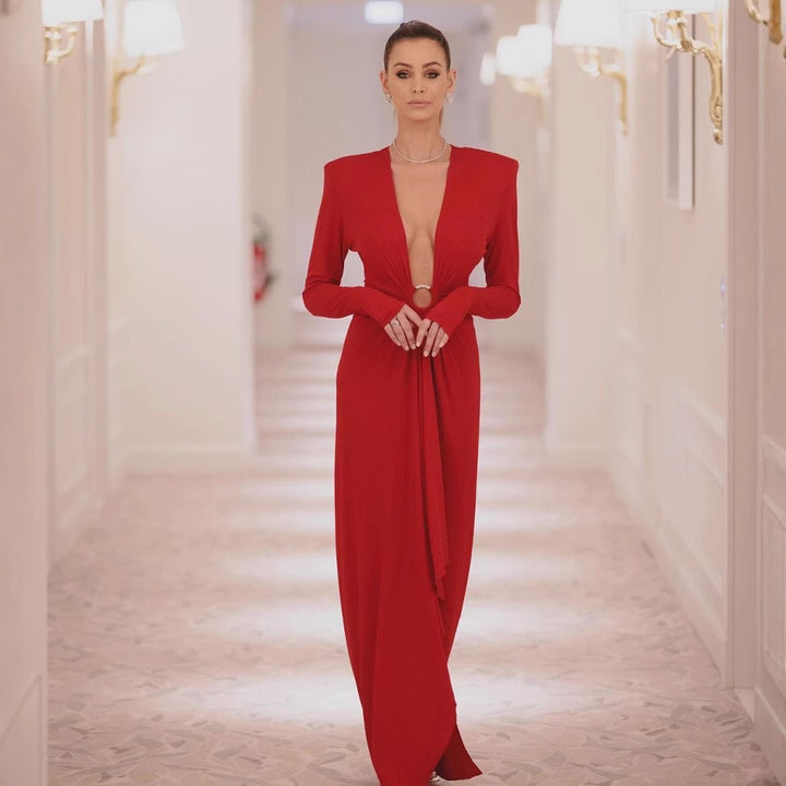 Damen Elegantes Abendkleid mit tiefem V-Ausschnitt und gefalteten Ärmeln Drune