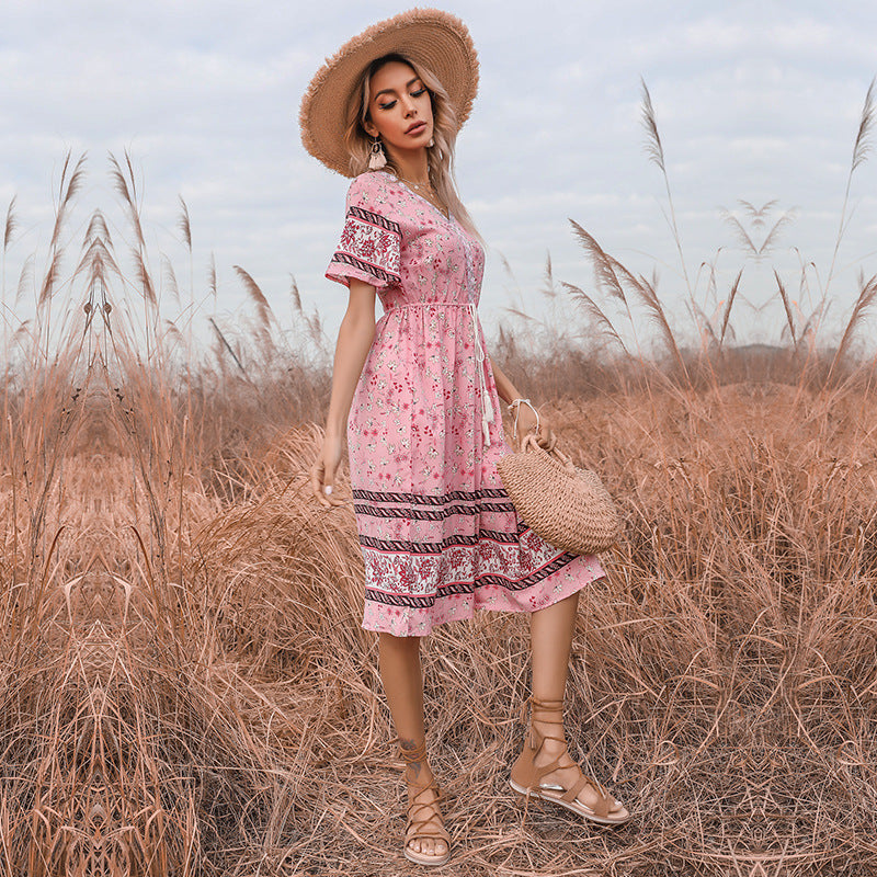 Damen Boho-Style Kleider mit Stickdetails und Taillenzugbund Drune