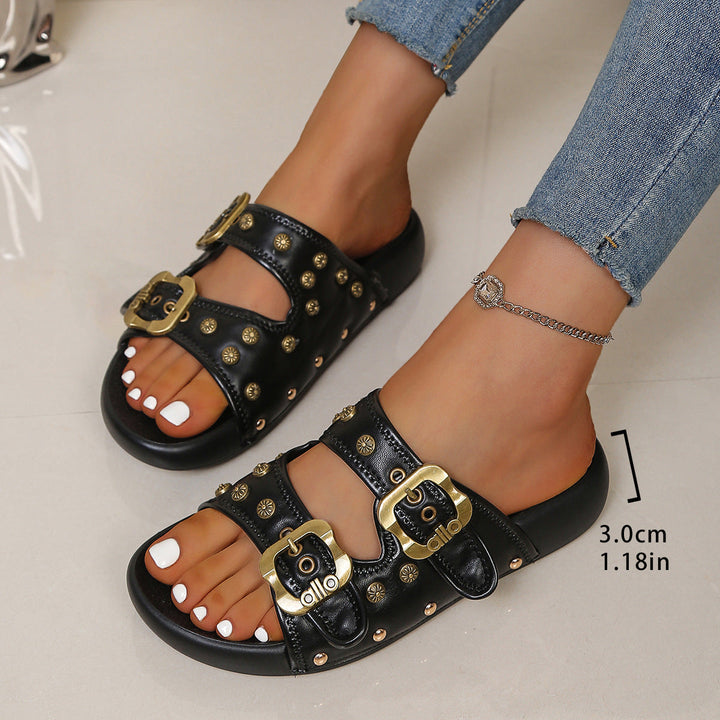 Damen Sandalen mit modischem Schnallen-Design und schimmernden Nieten Drune