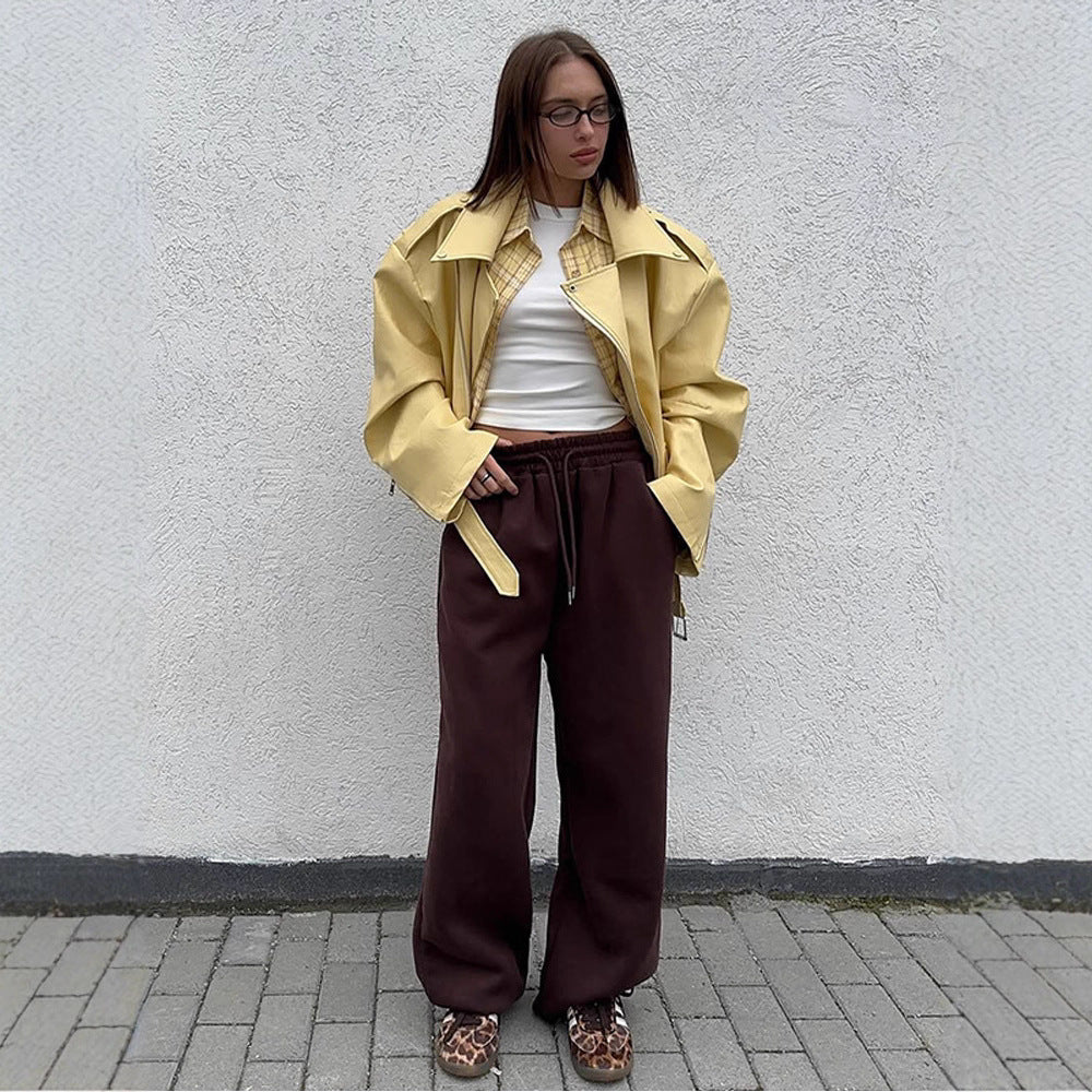Damen Oversize-Bikerjacke aus veganem Lederimitat mit großem Revers und Taillengürtel Drune