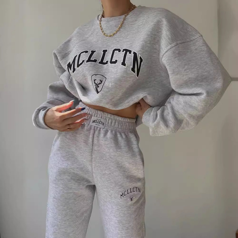 Damen Oversized College-Sweatshirt und High-Waist-Jogger-Set aus French-Terry Drune