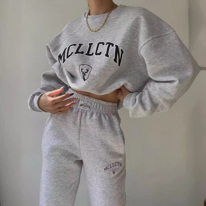 Damen Oversized College-Sweatshirt und High-Waist-Jogger-Set aus French-Terry Drune