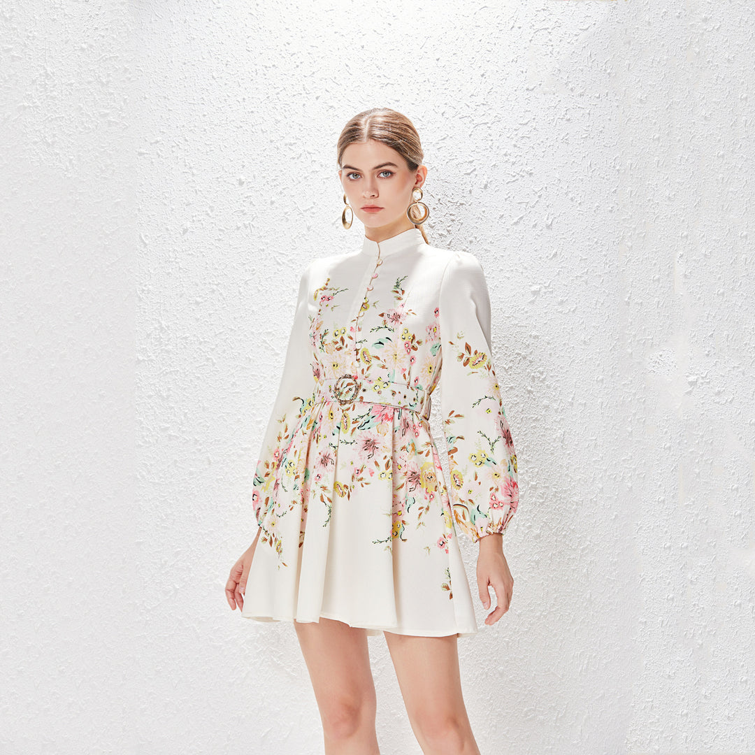 Drune | Baumwolle & Leinen Puffärmel Blumen Gürtel Kleid