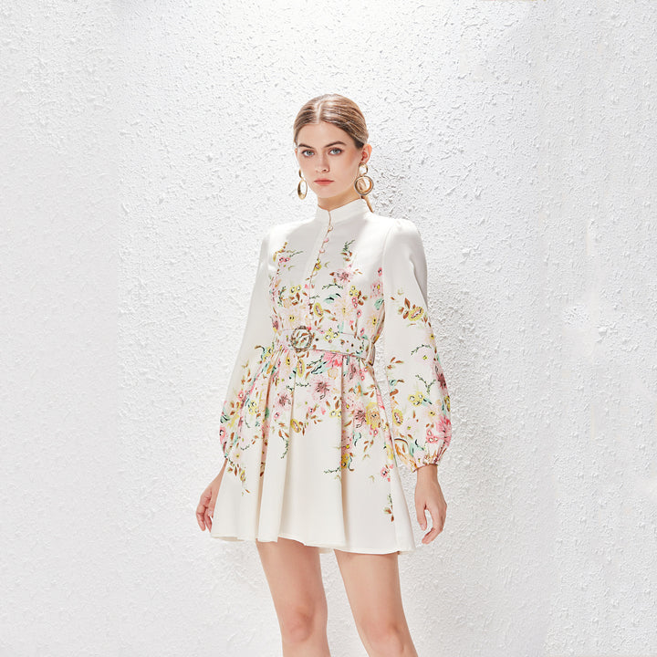 Drune | Baumwolle & Leinen Puffärmel Blumen Gürtel Kleid