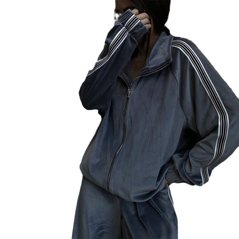 Damen Oversized Velours-Trainingsjacke mit markanten Kontraststreifen und geripptem Stehkragen Drune