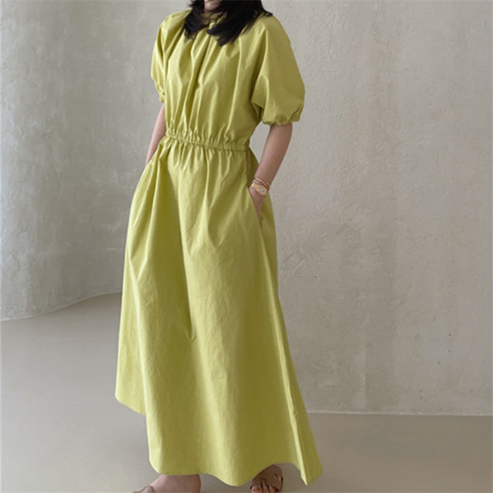 Damen Fließendes Baumwoll-Maxi-Sommerkleid mit elastischem Taillenbund, Puffärmeln und Eingrifftaschen Drune