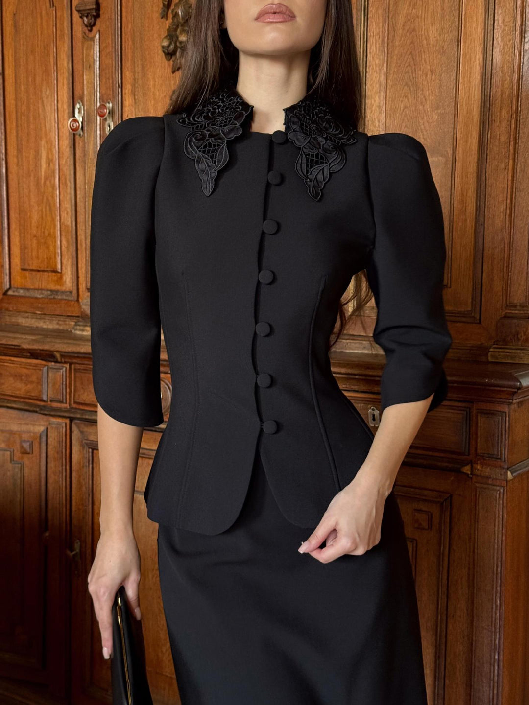 Damen Taillierter Blazer mit besticktem Schalkragen und Puffärmeln Drune