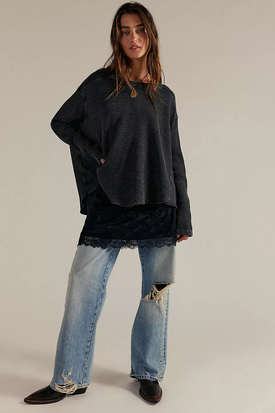 Damen Oversized Waffelstrick-Pullover mit weitem Schnitt und tiefem Raglan Drune