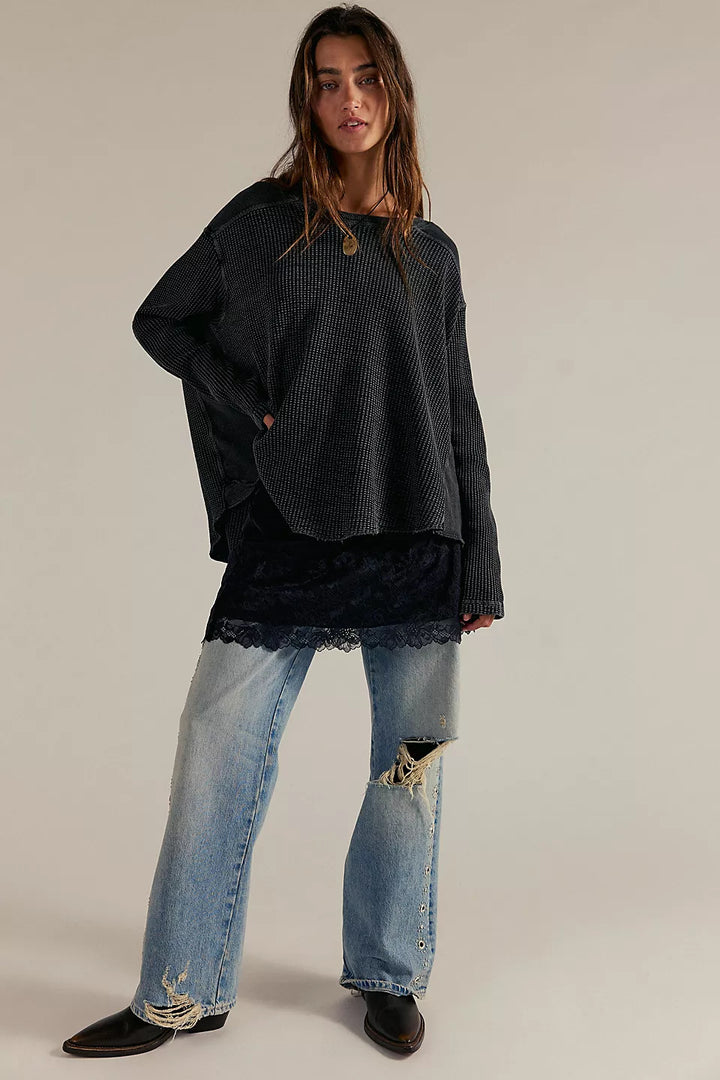 Damen Oversized Waffelstrick-Pullover mit weitem Schnitt und tiefem Raglan Drune