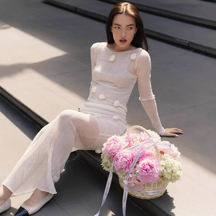 Damen Elegantes enganliegendes Knit-Kleid mit floralen Applikationen Drune