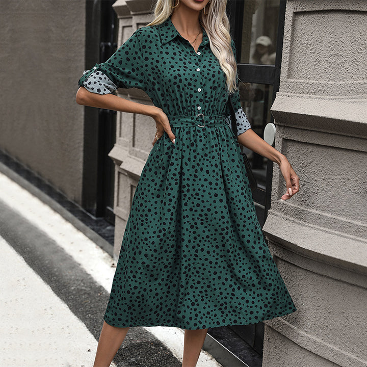 Damen Langärmliges Hemdblusenkleid mit Gürtel und Punkten Drune