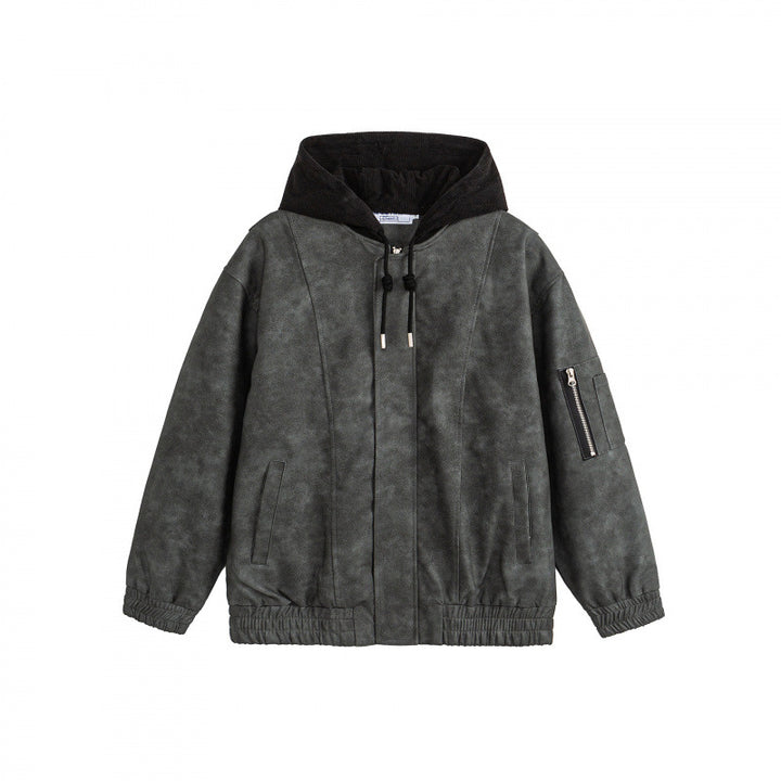 Unisex Oversize-Hoodie-Bomberjacke in Velours-Optik mit Kapuze, Ärmeltasche und elastichem Saum Drune