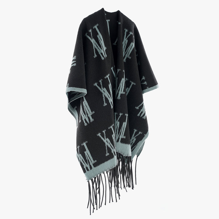 Damen Oversize-Monogramm-Capeponcho aus Wollmix mit Fransensaum Drune