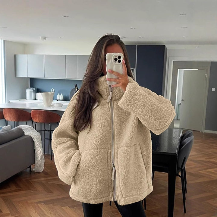 Damen nan oversized Sherpa-Outdoorjacke mit Zweiwege-Reißverschluss, hohem Stehkragen und verdeckten Eingrifftaschen Drune