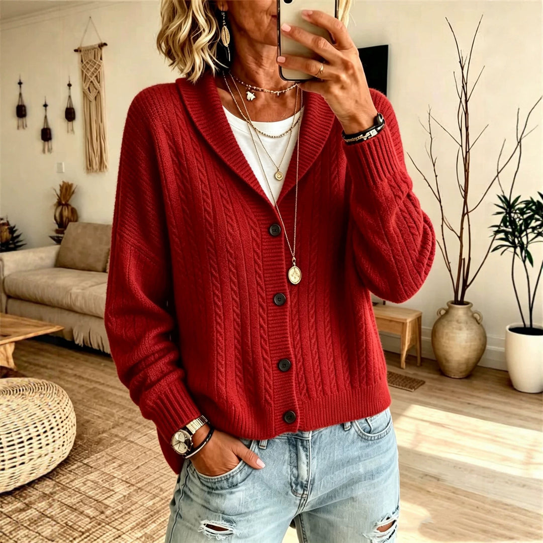 Damen Langer Schalkragen-Cardigan aus Zopfmuster mit gerippten Bündchen Drune