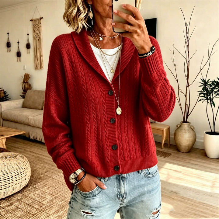 Damen Langer Schalkragen-Cardigan aus Zopfmuster mit gerippten Bündchen Drune