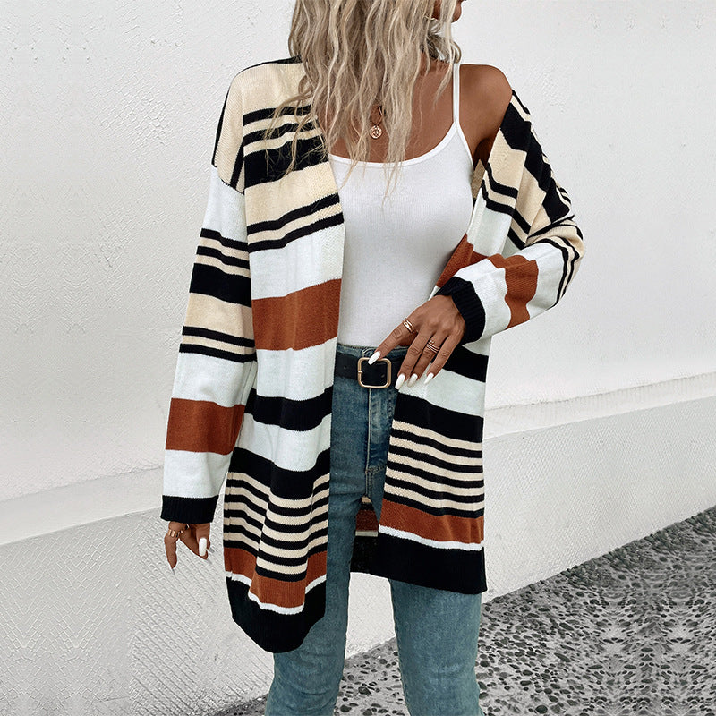 Damen Oversize Strickcardigan mit Blockstreifen, offener Front und langen Ärmeln Drune