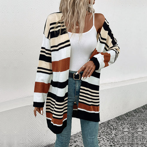 Damen Oversize Strickcardigan mit Blockstreifen, offener Front und langen Ärmeln Drune