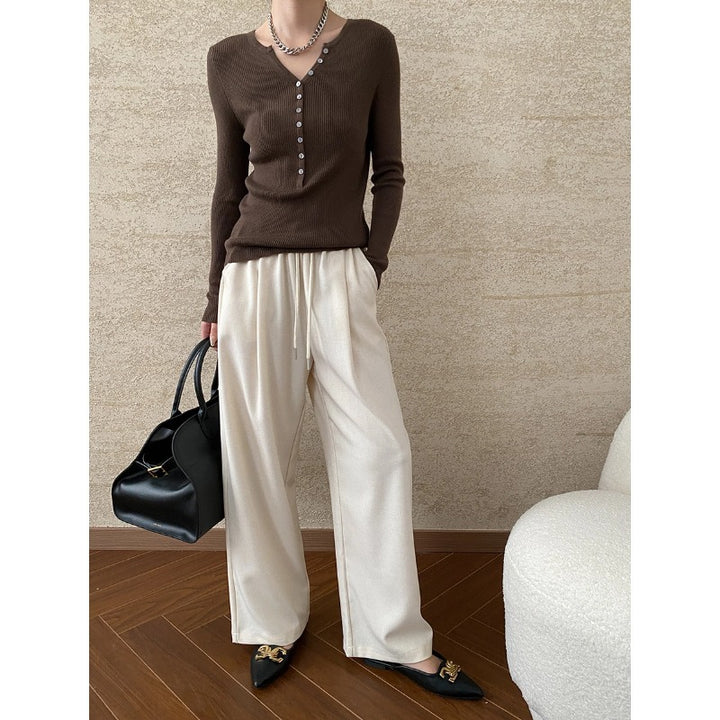 Damen Eleganter V-Ausschnitt Langarm Pullover mit Knopfleiste Drune