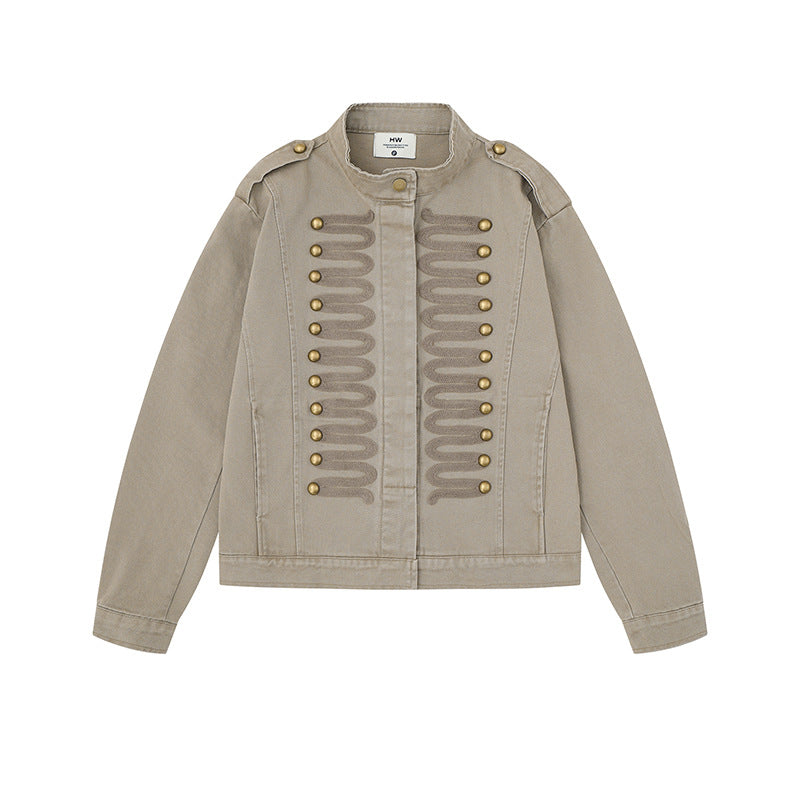 Damen militärisch inspirierte Übergangsjacke mit Kordelverzierung und Epauletten Drune