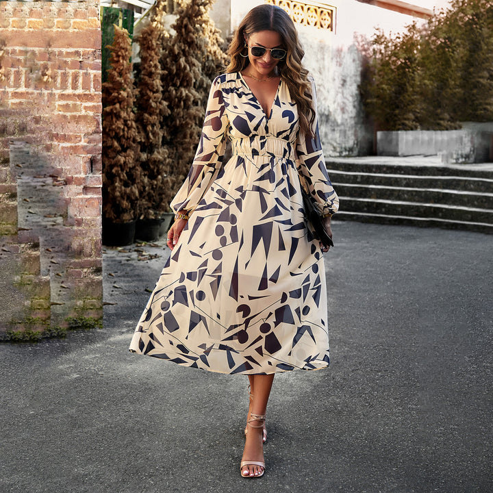 Damen Midi-Kleid mit floralem Druck und elastischem Tailleneinsatz Drune