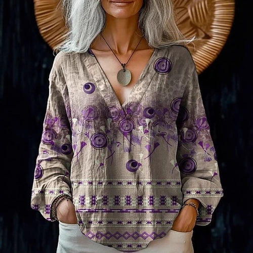 Damen Boho-Leinenmischung Tunika-Bluse mit V-Ausschnitt und floraler Aquarellstickerei Drune