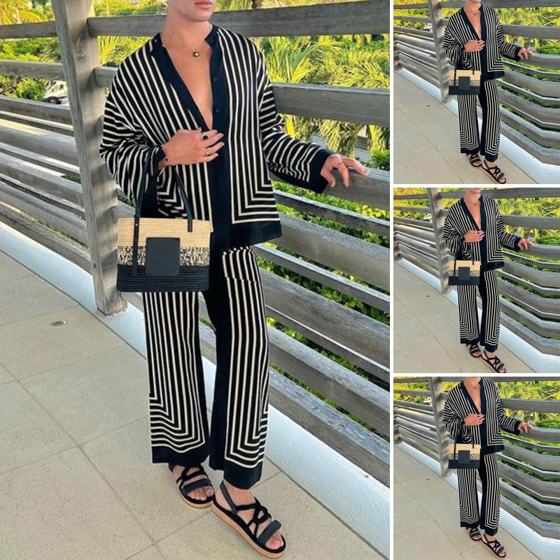 Damen nan gestreiftes Lounge-Zweiteiler mit Stehkragen knöpfbarer Hemdjacke und gerader Pyjamahose Drune