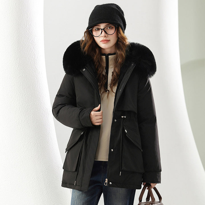 Damen Modische Winterjacke mit abnehmbarer Kapuze und hochwertigem Kunstfell Drune