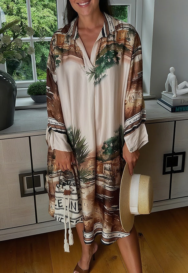Damen nan Seidenoptik-Hemdkleid im Kaftanstil mit illustrativem Küstenprint Drune