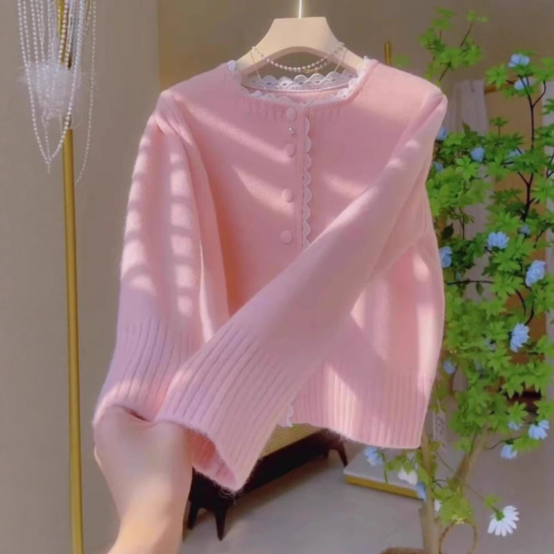 Damen Verspielte Strickjacke mit Spitzenelementen Drune