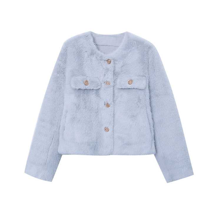 Damen weiche Teddyjacke mit dekorativen Knopfdetails und praktischen Taschen Drune
