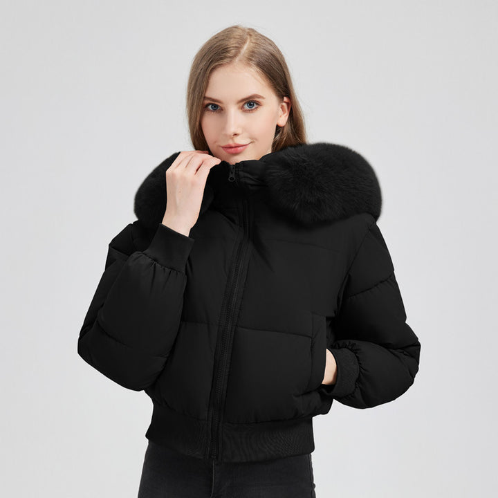Damen nan kurzer gesteppter Kapuzenblouson mit Webpelzblende und geripptem Saum Drune