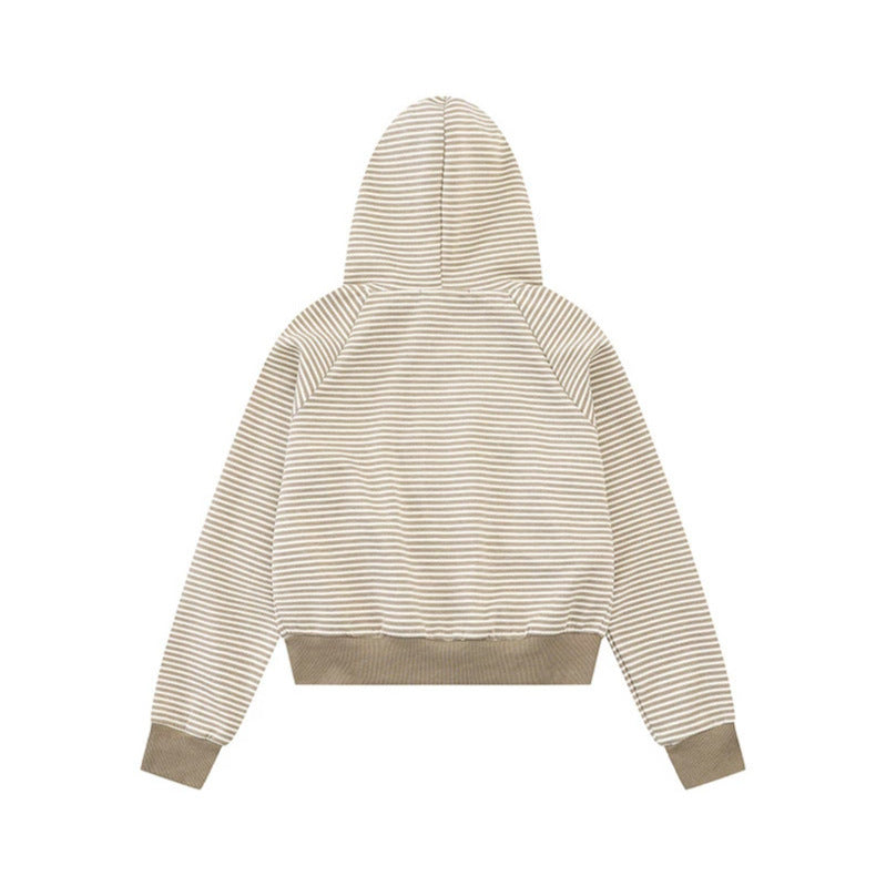 Damen gestreifte Kapuzen-Sweatjacke im Marine‑Look mit Doppelreiher‑Optik und Frontreißverschluss Drune